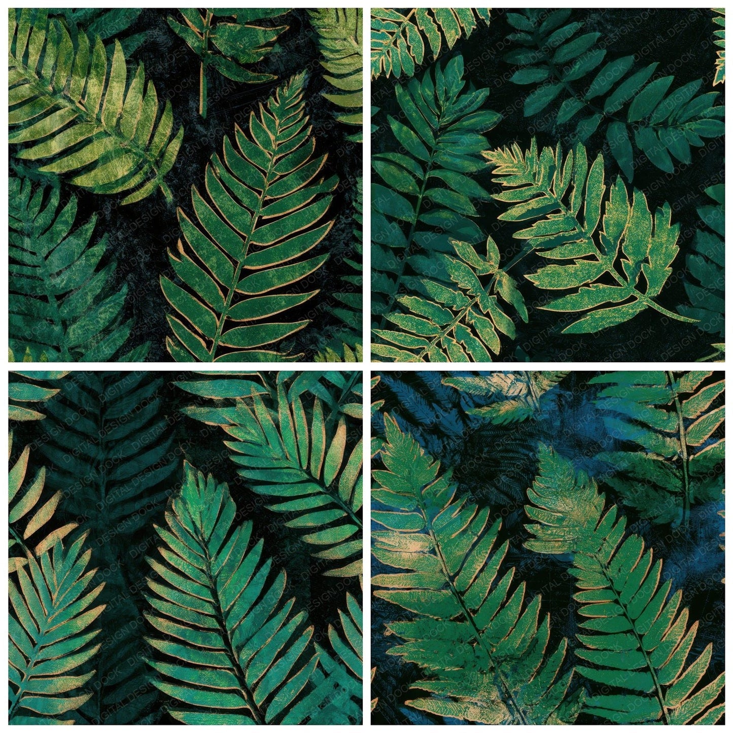 Woodblock Fern Emerald Chartreuse Seamless Digital Paper Pack (DDD013562)