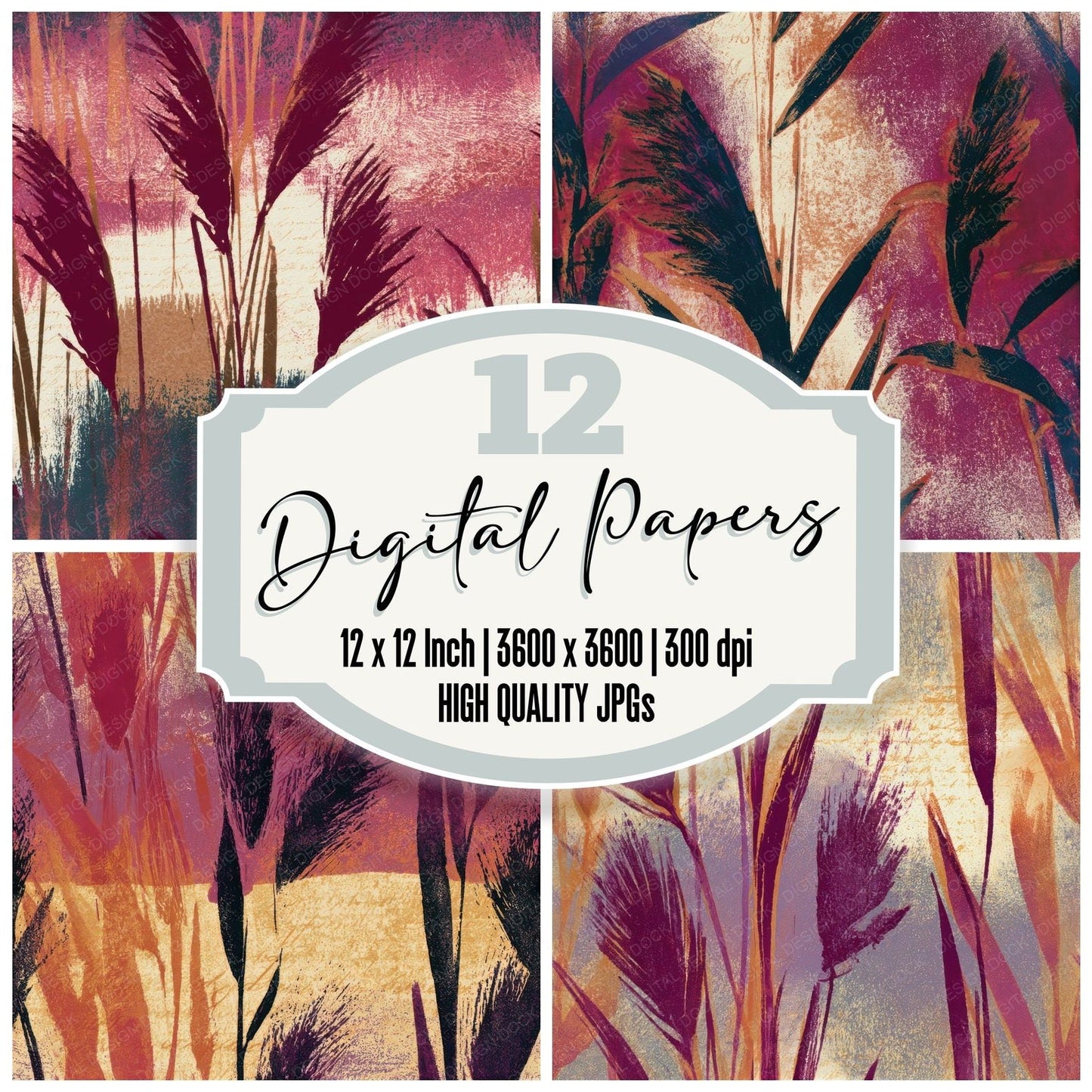 Woodblock Reeds Plum Cream Seamless Digital Paper Pack (DDD013563)