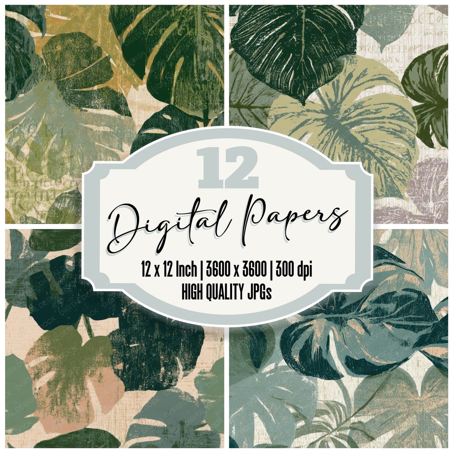 Woodcut Philodendron Eucalyptus Moss Digital Paper Pack (DDD013564)