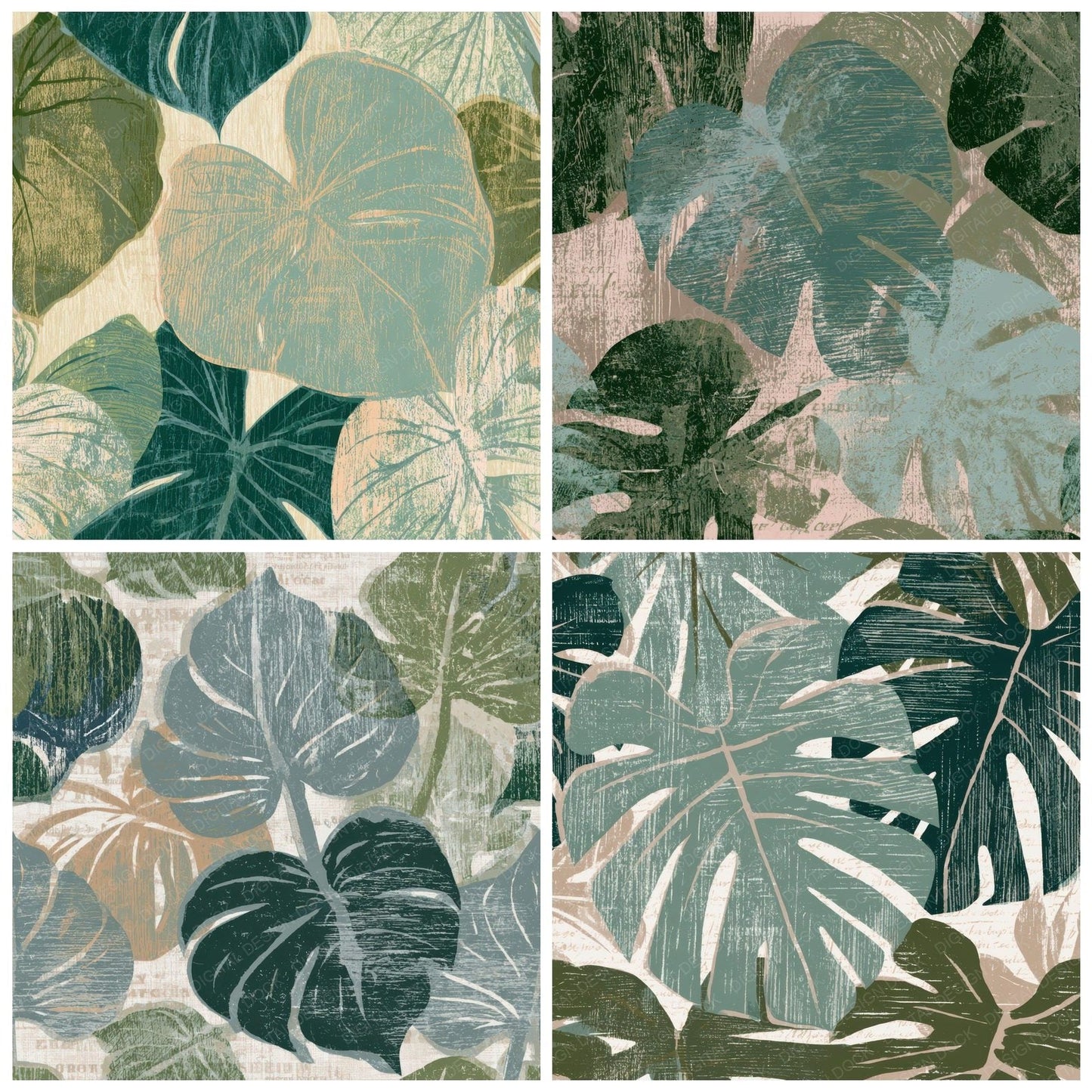 Woodcut Philodendron Eucalyptus Moss Digital Paper Pack (DDD013564)