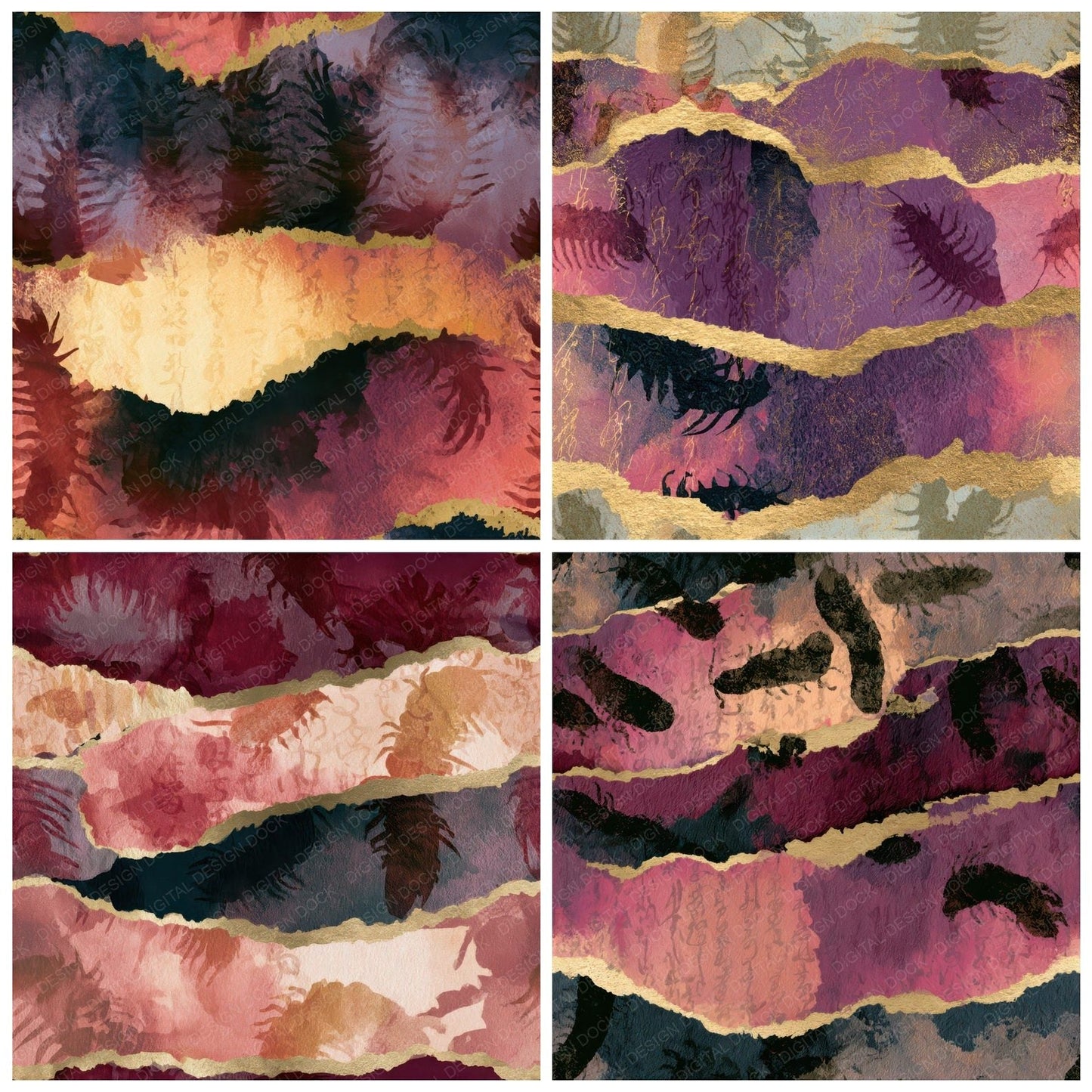 Collage Millipedes Wine Dusty Rose Seamless Digital Paper Pack (DDD013567)