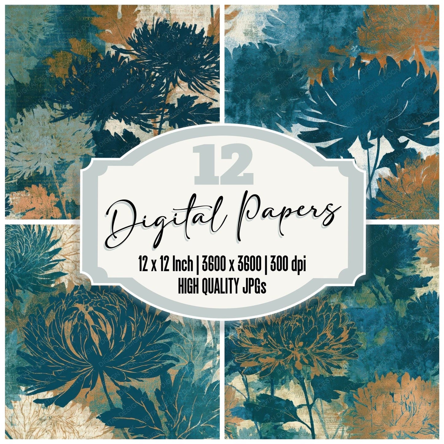 Etching Chrysanthemums Teal Bone Digital Paper Pack (DDD013568)