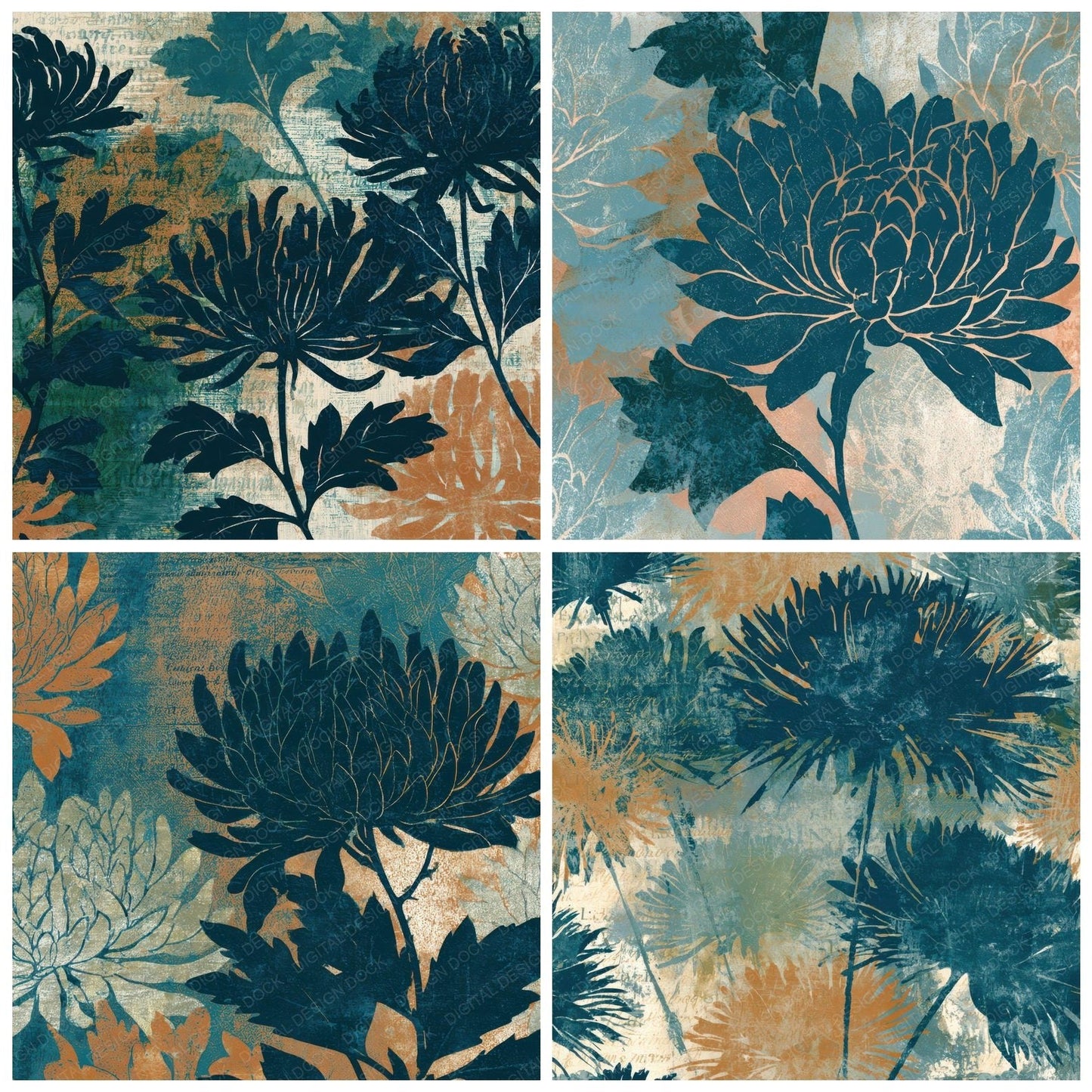 Etching Chrysanthemums Teal Bone Digital Paper Pack (DDD013568)