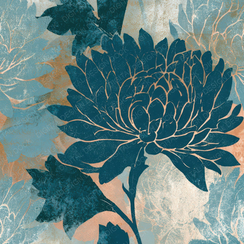 Etching Chrysanthemums Teal Bone Digital Paper Pack (DDD013568)