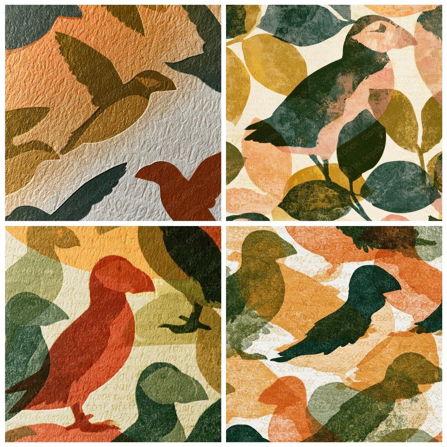 Letterpress Puffins Ochre Olive Digital Paper Pack (DDD013573)