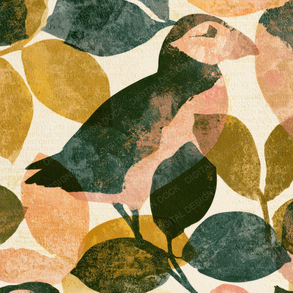 Letterpress Puffins Ochre Olive Digital Paper Pack (DDD013573)