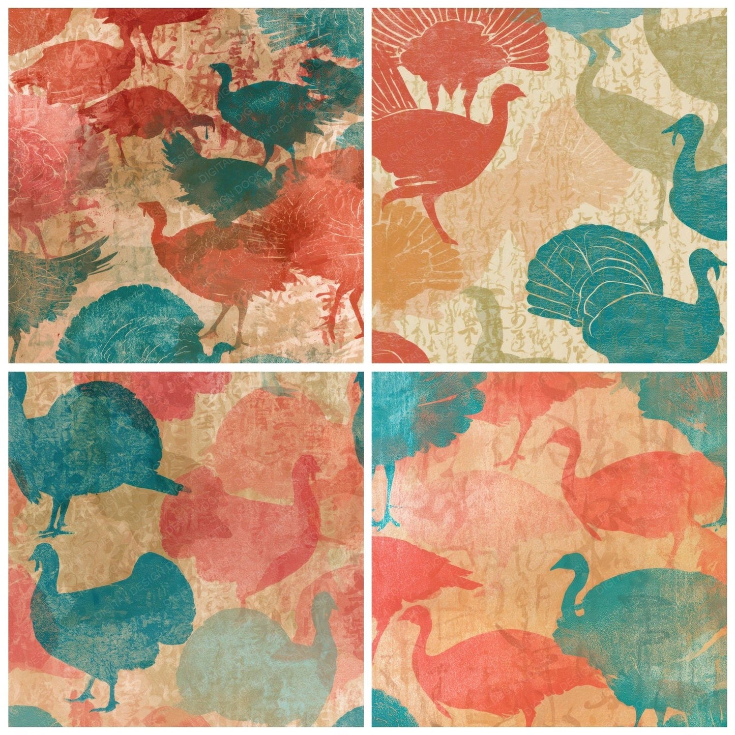 Letterpress Turkey Coral Turquoise Digital Paper Pack (DDD013574)