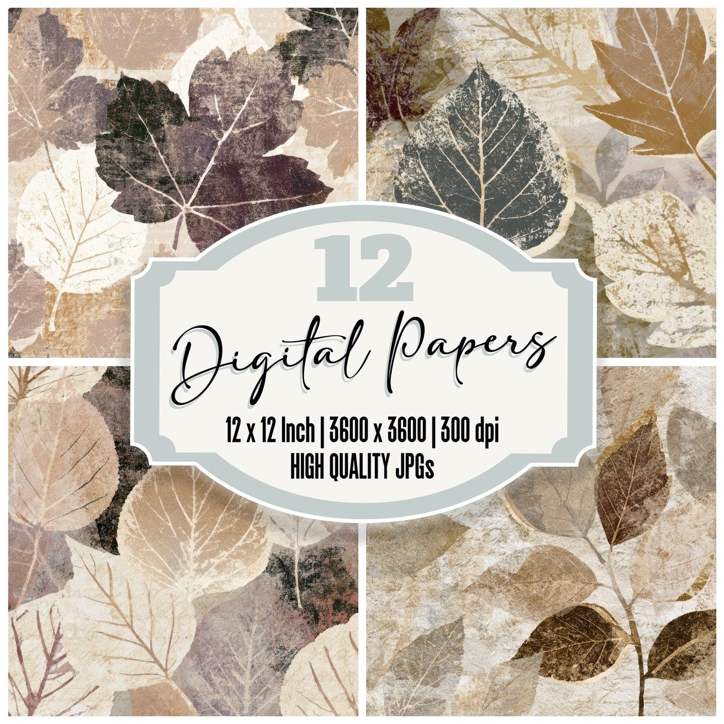 Linocut Pressed Leaves Bone Stone Taupe Digital Paper Pack (DDD013575)