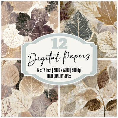 Linocut Pressed Leaves Bone Stone Taupe Digital Paper Pack (DDD013575)