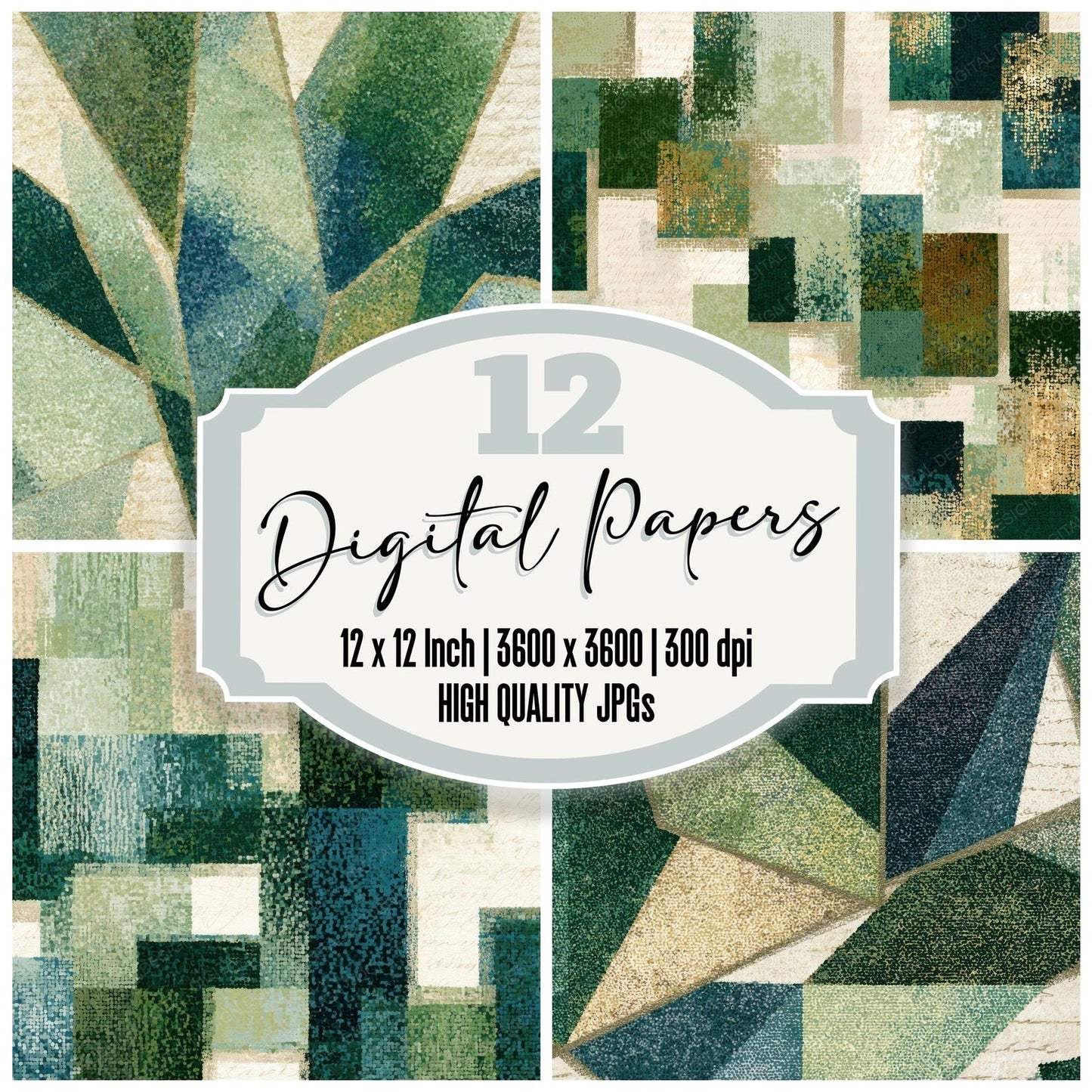 Pointillism Geometric Sage Cream Digital Paper Pack (DDD013579)