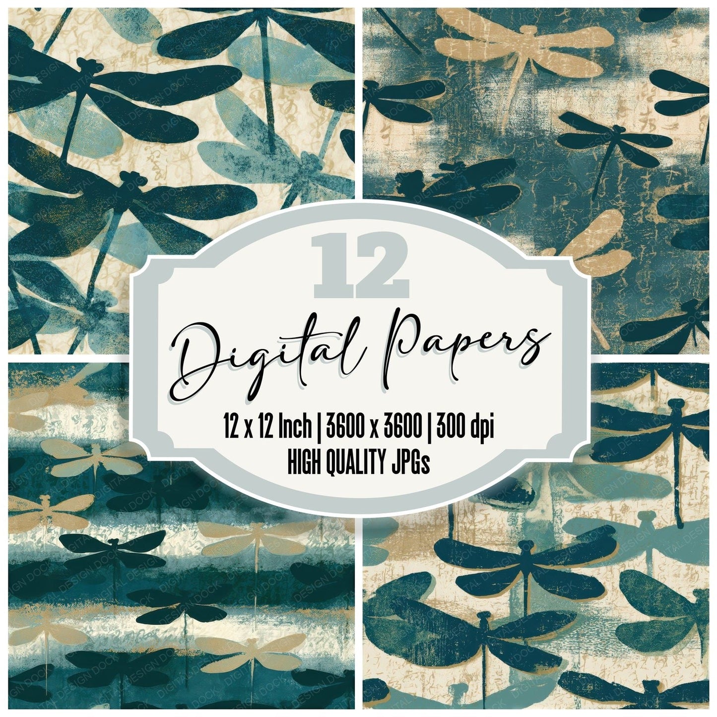 Screenprint Damselfly Teal Bone Seamless Digital Paper Pack (DDD013581)