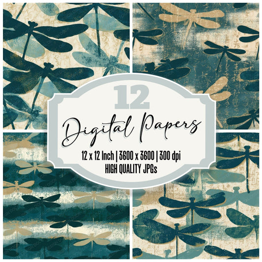 Screenprint Damselfly Teal Bone Seamless Digital Paper Pack (DDD013581)