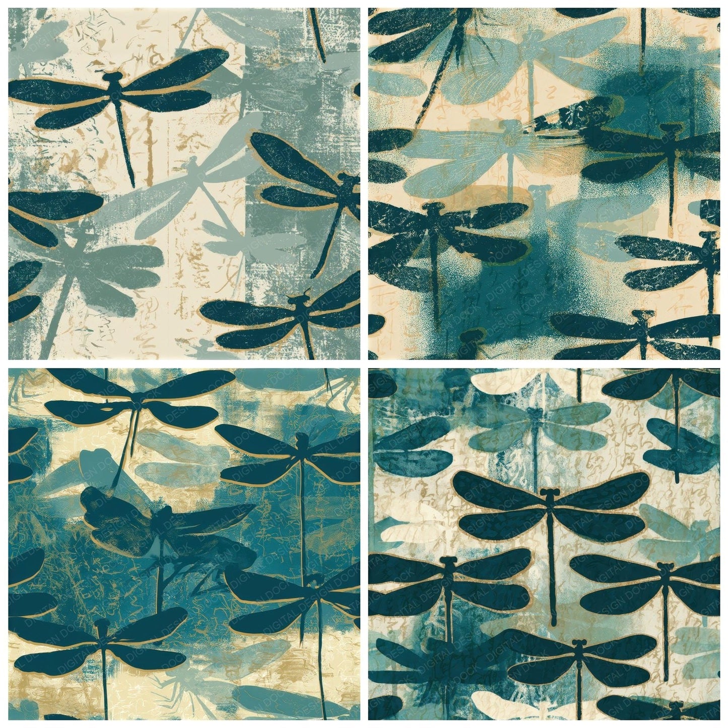 Screenprint Damselfly Teal Bone Seamless Digital Paper Pack (DDD013581)