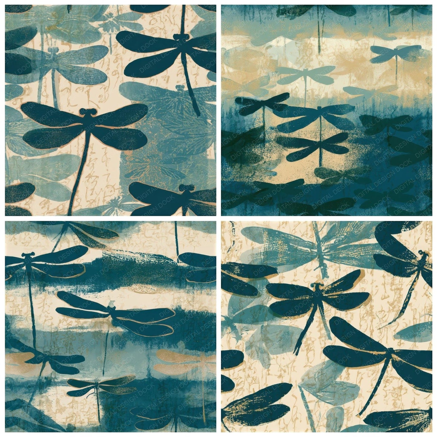 Screenprint Damselfly Teal Bone Seamless Digital Paper Pack (DDD013581)