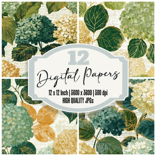 Woodblock Hydrangea Soft Green Butter Digital Paper Pack (DDD013582)