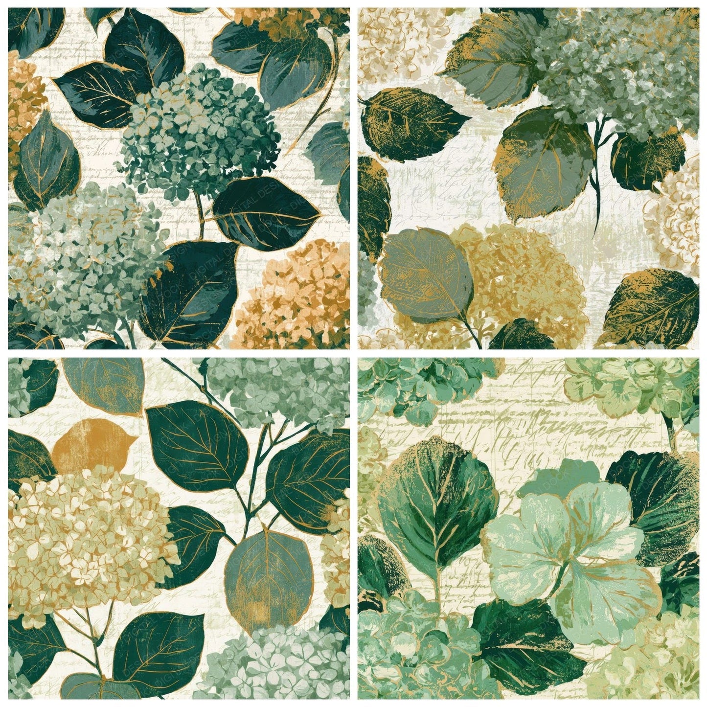 Woodblock Hydrangea Soft Green Butter Digital Paper Pack (DDD013582)