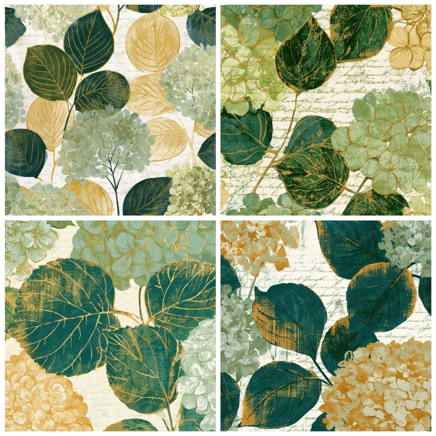 Woodblock Hydrangea Soft Green Butter Digital Paper Pack (DDD013582)