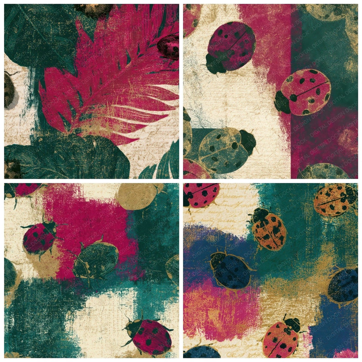 Etching Ladybirds Magenta Jungle Green Digital Paper Pack (DDD013588)