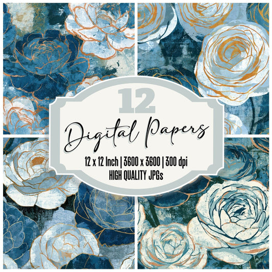 Indian Block Print Ranunculus Blue Charcoal Digital Paper Pack (DDD013592)