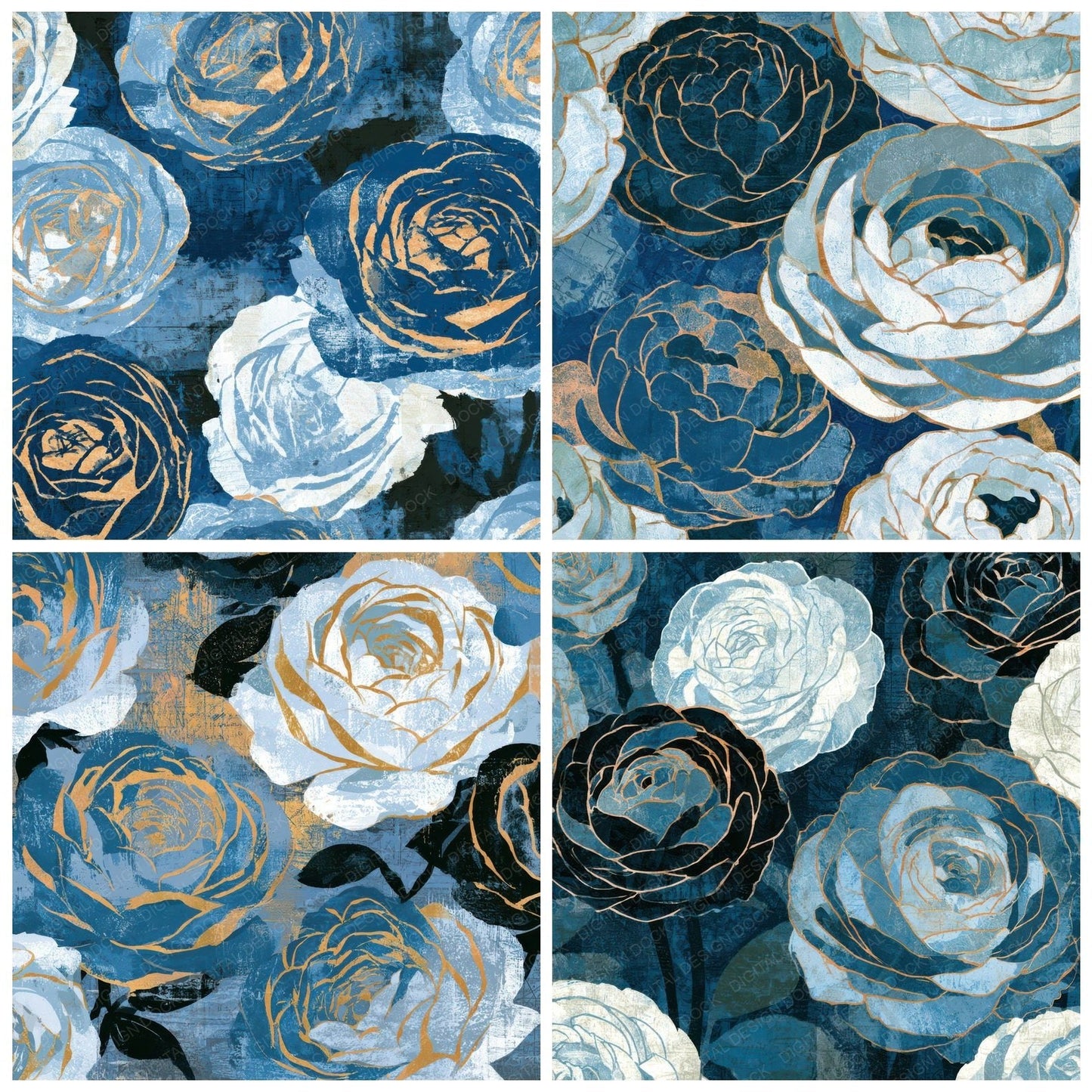 Indian Block Print Ranunculus Blue Charcoal Digital Paper Pack (DDD013592)