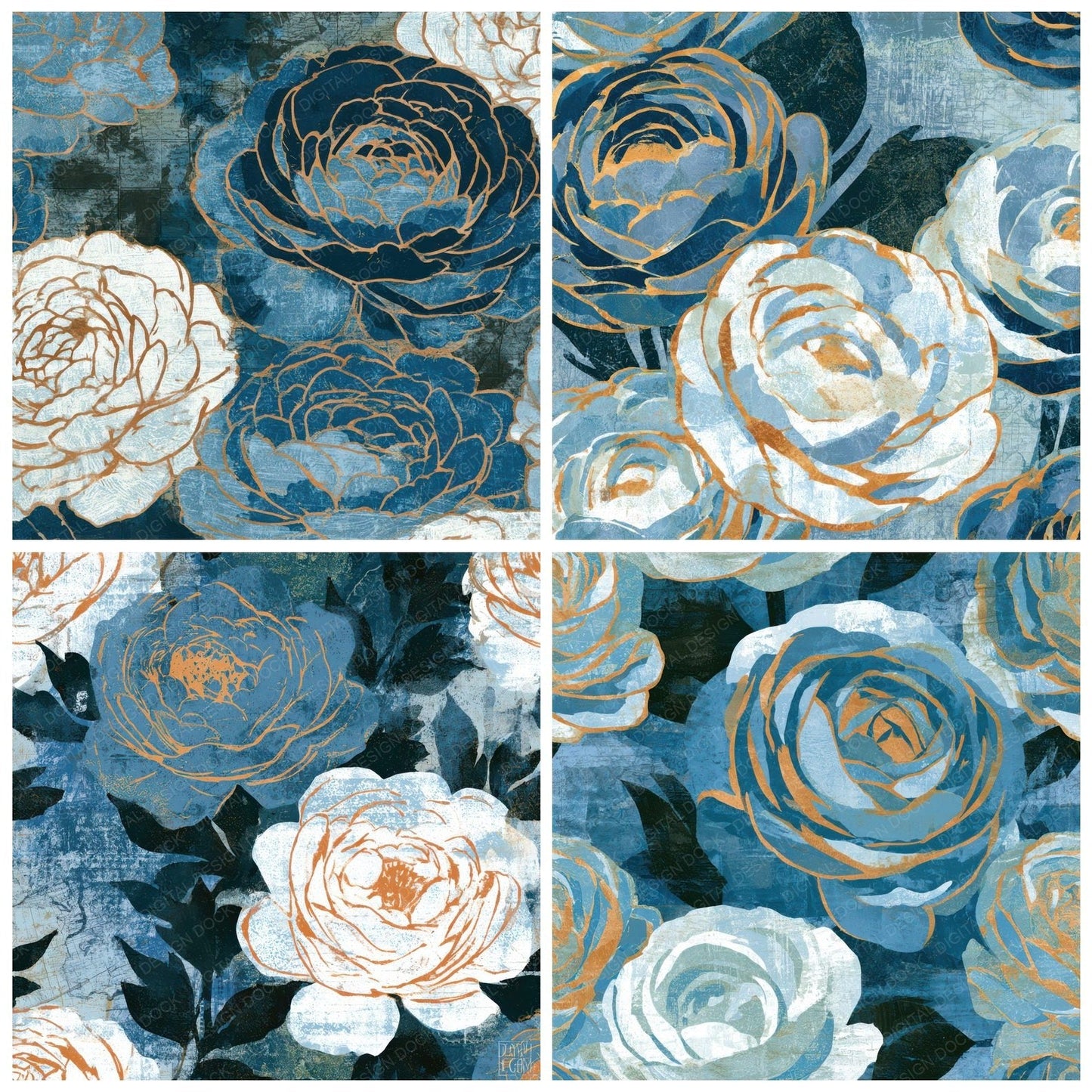 Indian Block Print Ranunculus Blue Charcoal Digital Paper Pack (DDD013592)