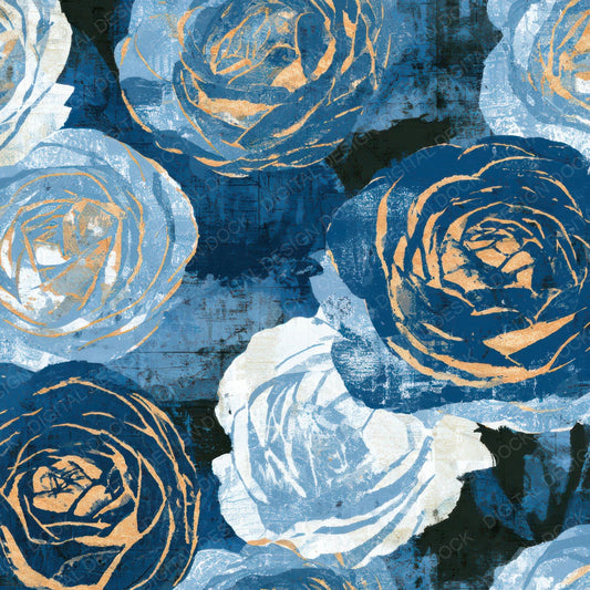 Indian Block Print Ranunculus Blue Charcoal Digital Paper Pack (DDD013592)