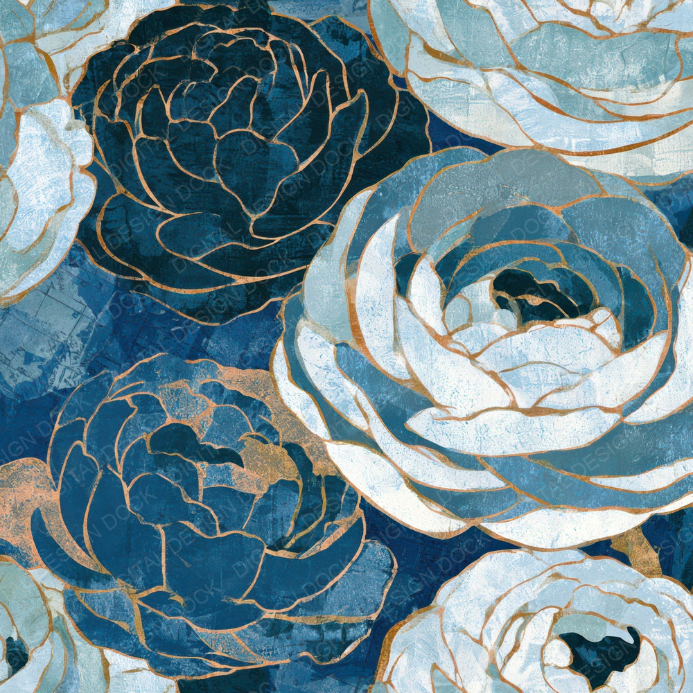 Indian Block Print Ranunculus Blue Charcoal Digital Paper Pack (DDD013592)