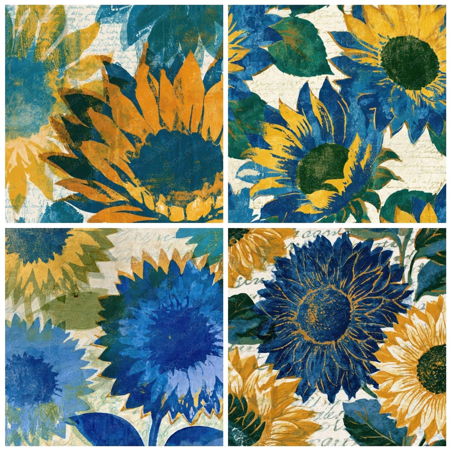 Indian Block Print Sunflowers Azure Bone Digital Paper Pack (DDD013593)