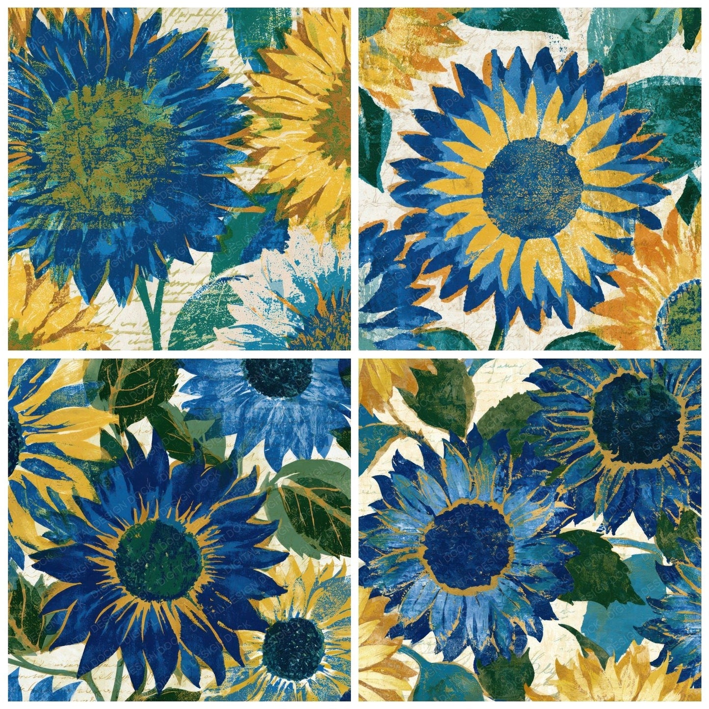 Indian Block Print Sunflowers Azure Bone Digital Paper Pack (DDD013593)