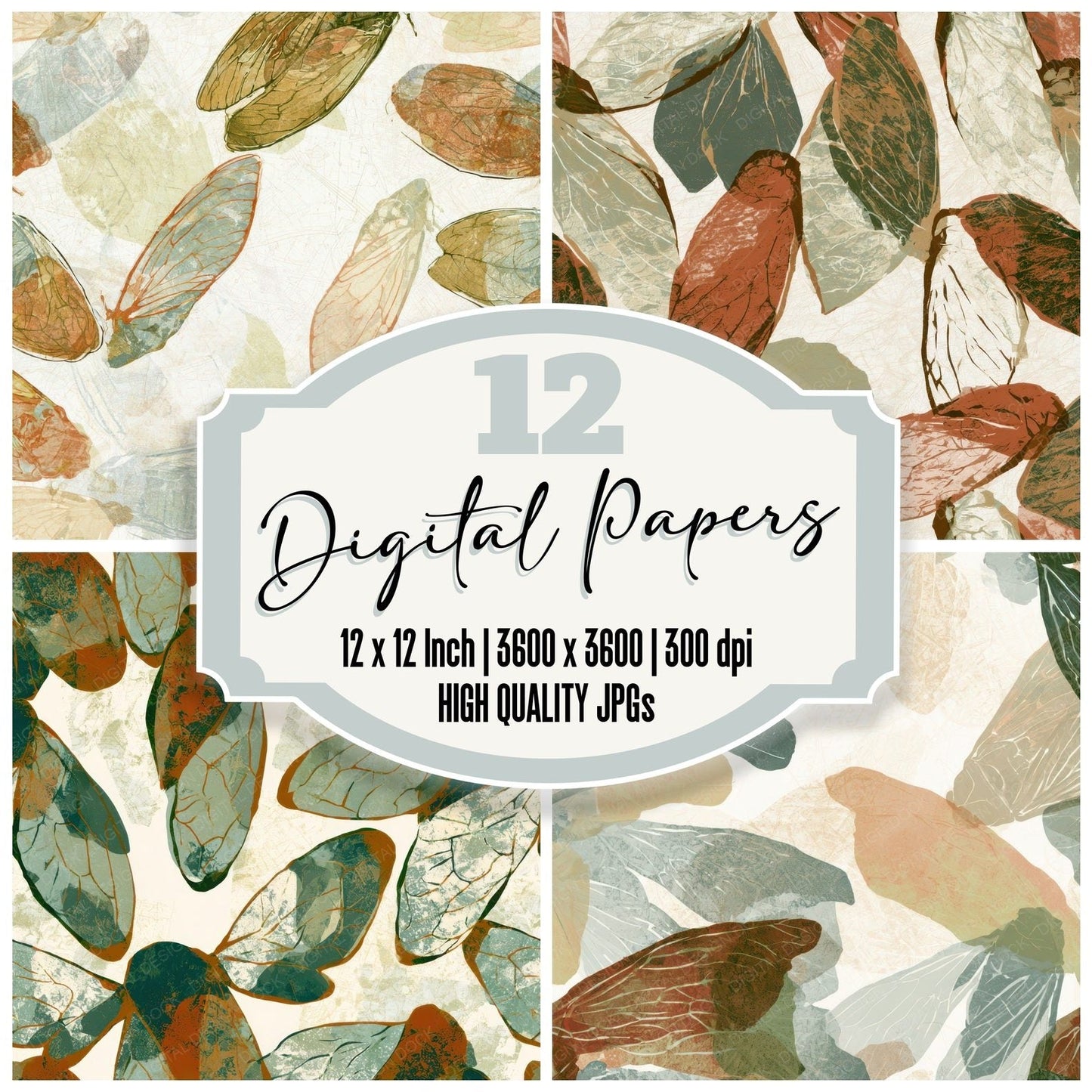 Linocut Cicada Shells Rust Moss Digital Paper Pack (DDD013594)