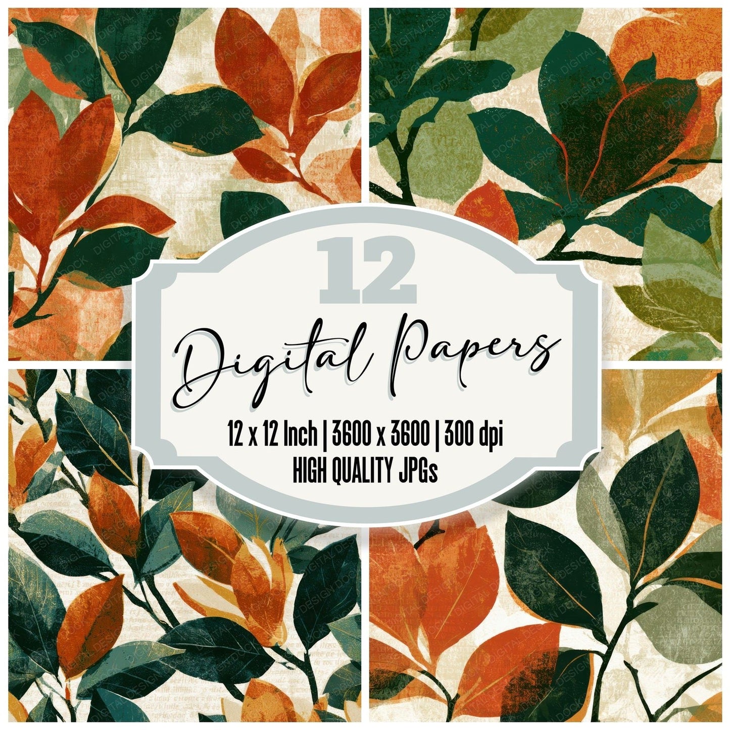 Linocut Magnolia Avocado Burnt Orange Digital Paper Pack (DDD013595)