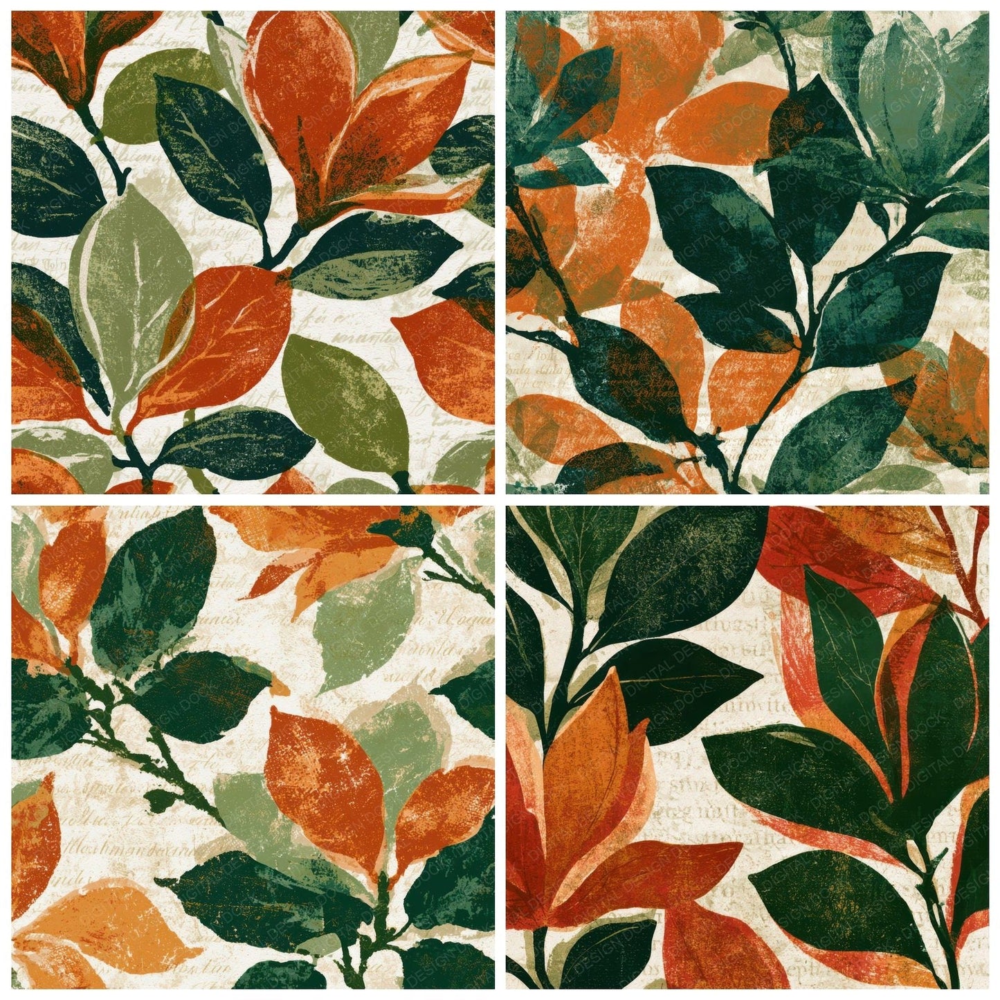 Linocut Magnolia Avocado Burnt Orange Digital Paper Pack (DDD013595)