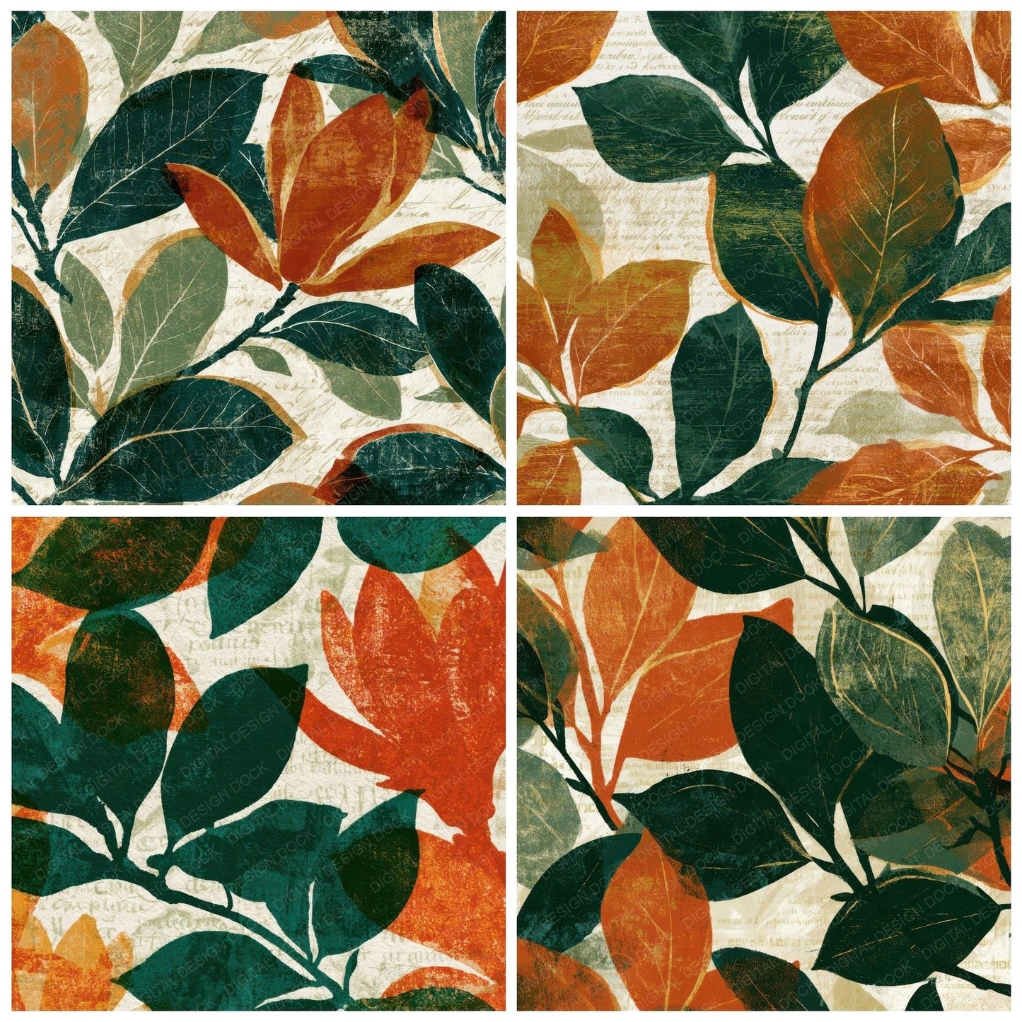 Linocut Magnolia Avocado Burnt Orange Digital Paper Pack (DDD013595)
