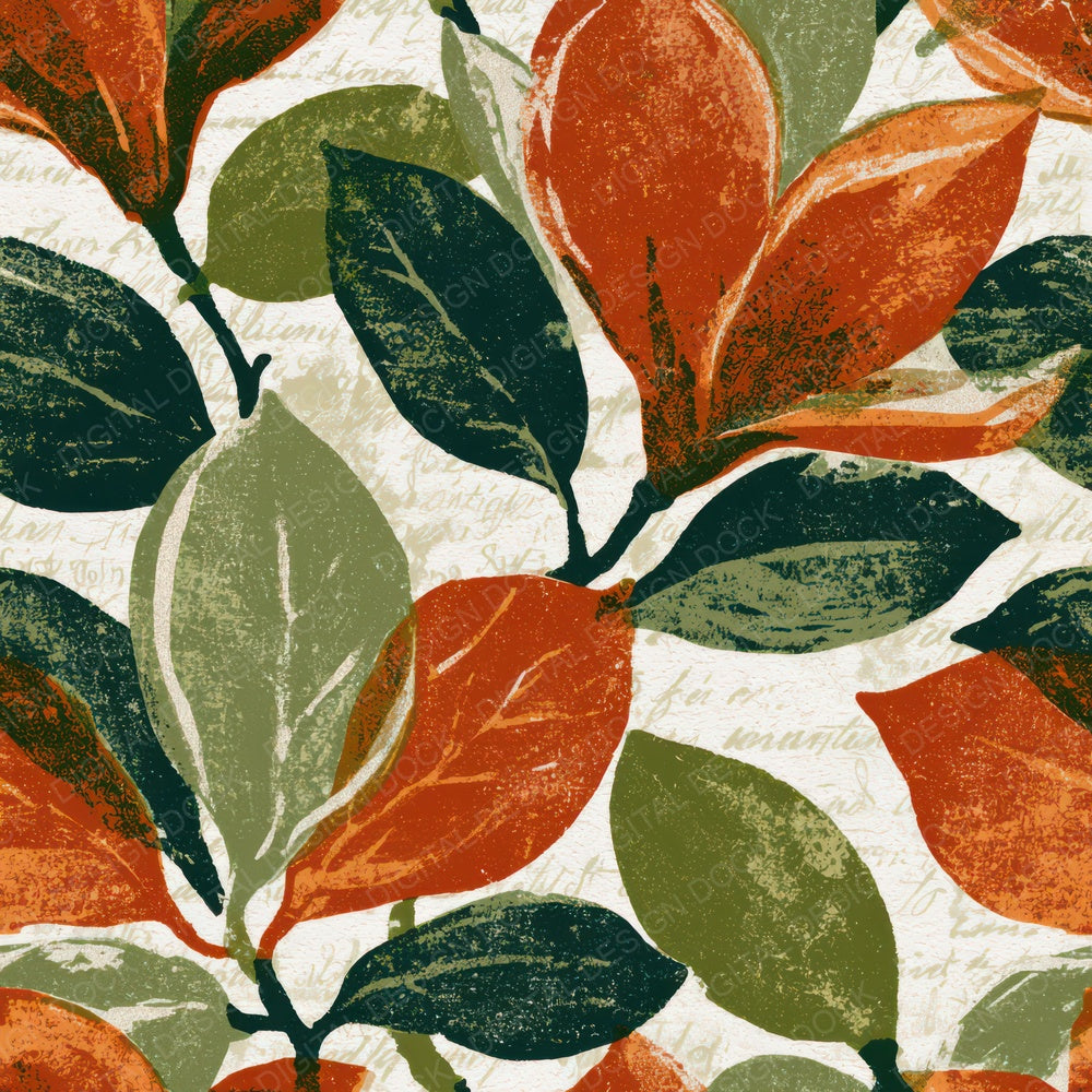 Linocut Magnolia Avocado Burnt Orange Digital Paper Pack (DDD013595)