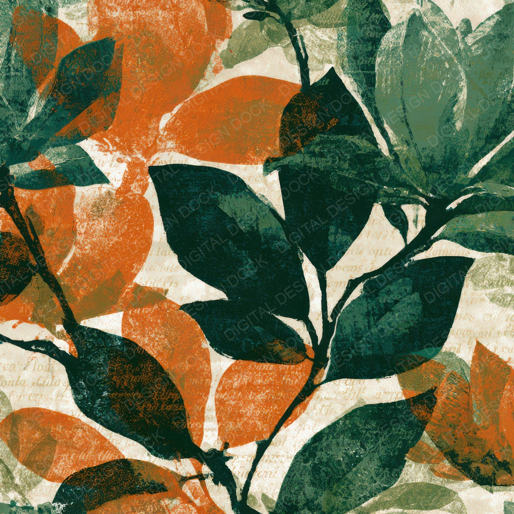 Linocut Magnolia Avocado Burnt Orange Digital Paper Pack (DDD013595)