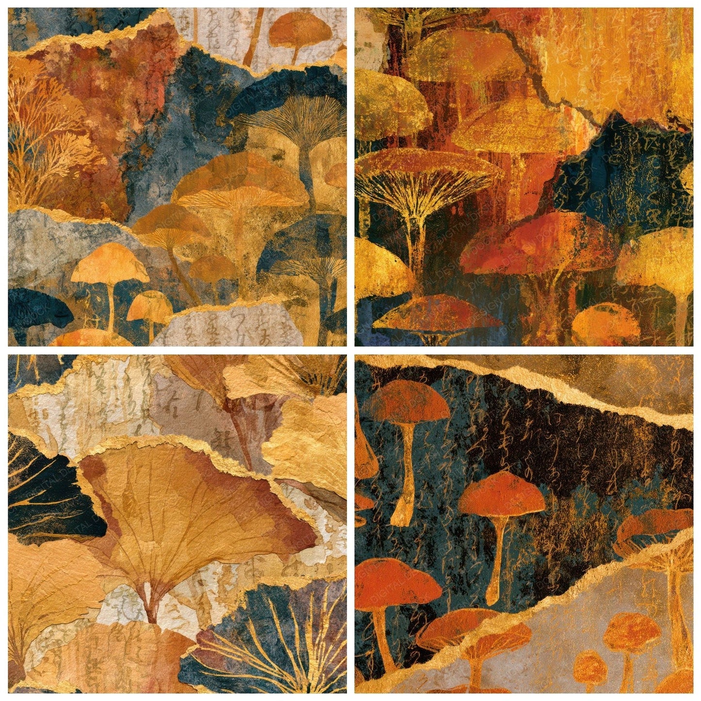 Collage Glowing Fungi Caramel Gold Digital Paper Pack (DDD013607)