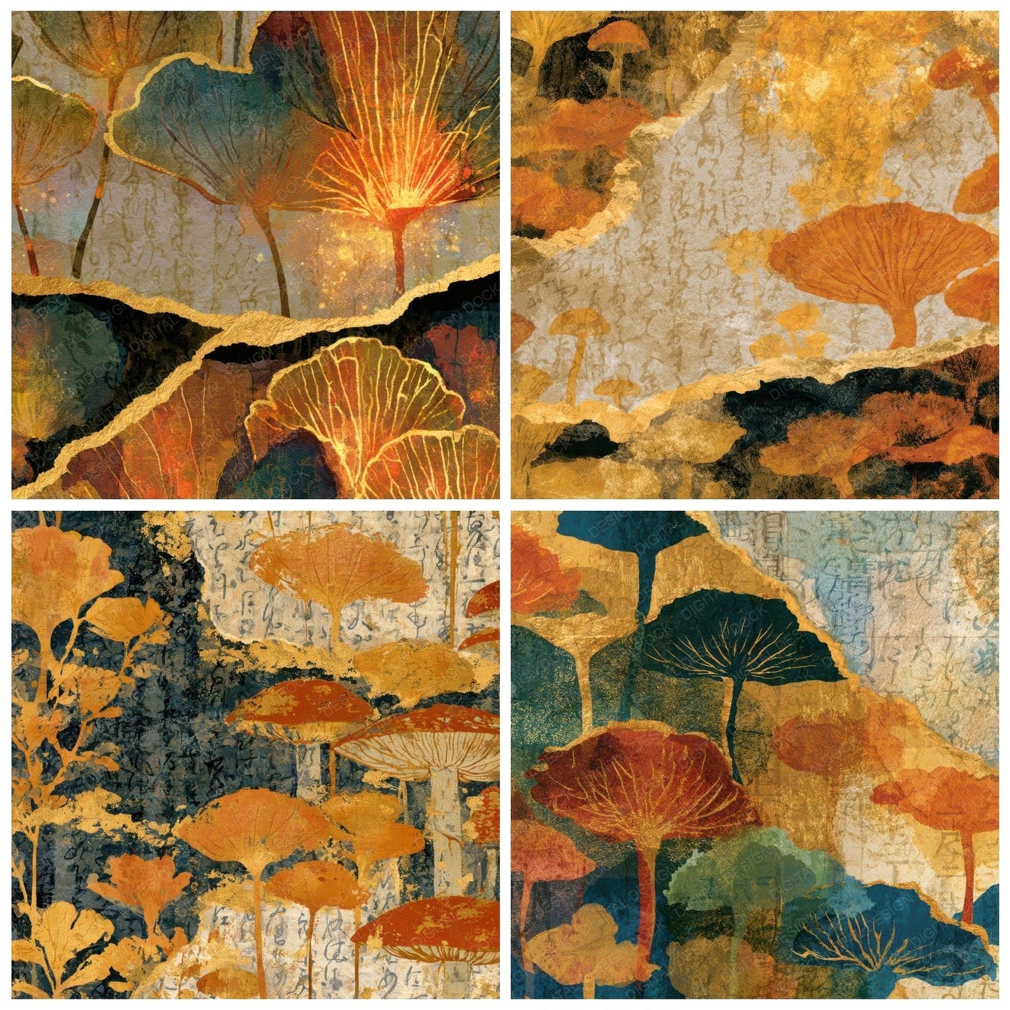Collage Glowing Fungi Caramel Gold Digital Paper Pack (DDD013607)