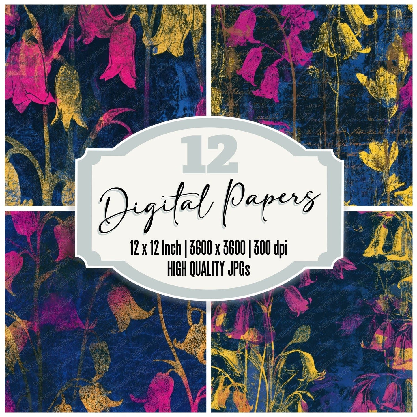 Etching Bluebells Pink Yellow Navy Digital Paper Pack (DDD013608)