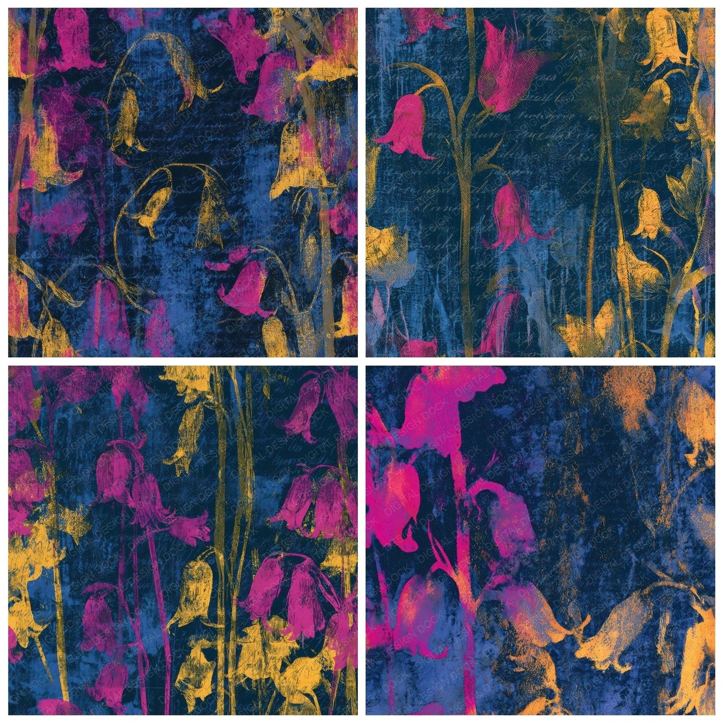 Etching Bluebells Pink Yellow Navy Digital Paper Pack (DDD013608)