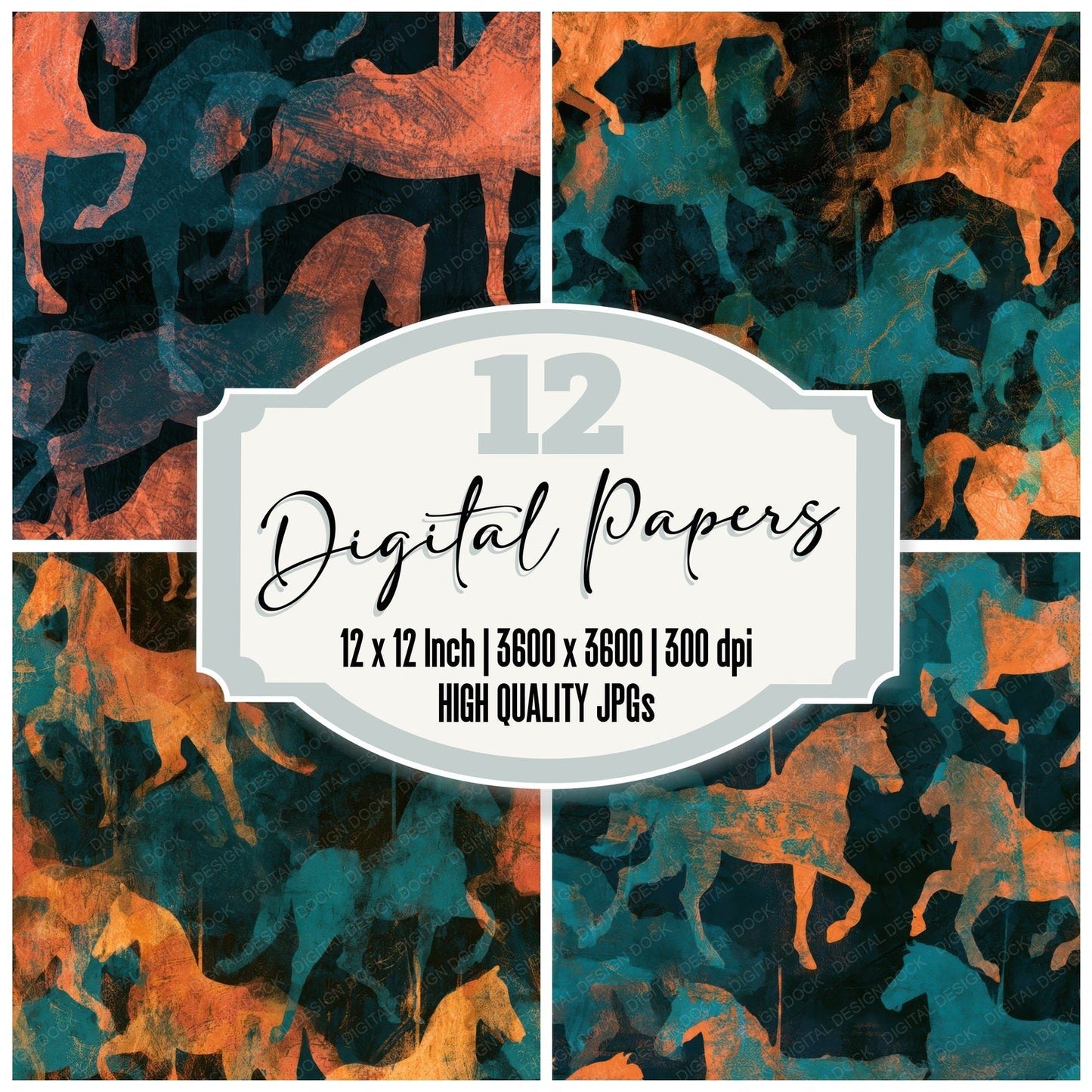 Indian Block Print Carousel Horses Tangerine Turquoise Digital Paper Pack (DDD013610)