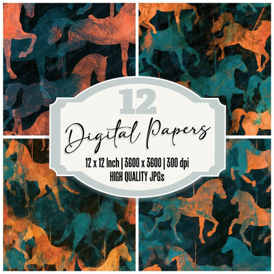 Indian Block Print Carousel Horses Tangerine Turquoise Digital Paper Pack (DDD013610)