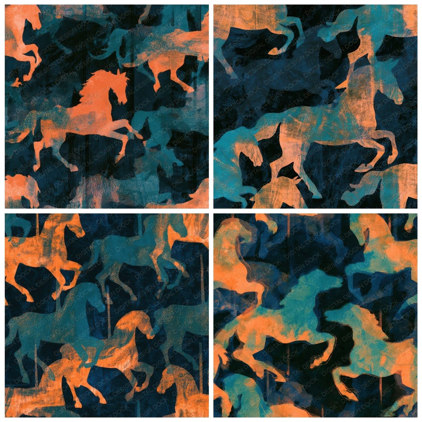 Indian Block Print Carousel Horses Tangerine Turquoise Digital Paper Pack (DDD013610)