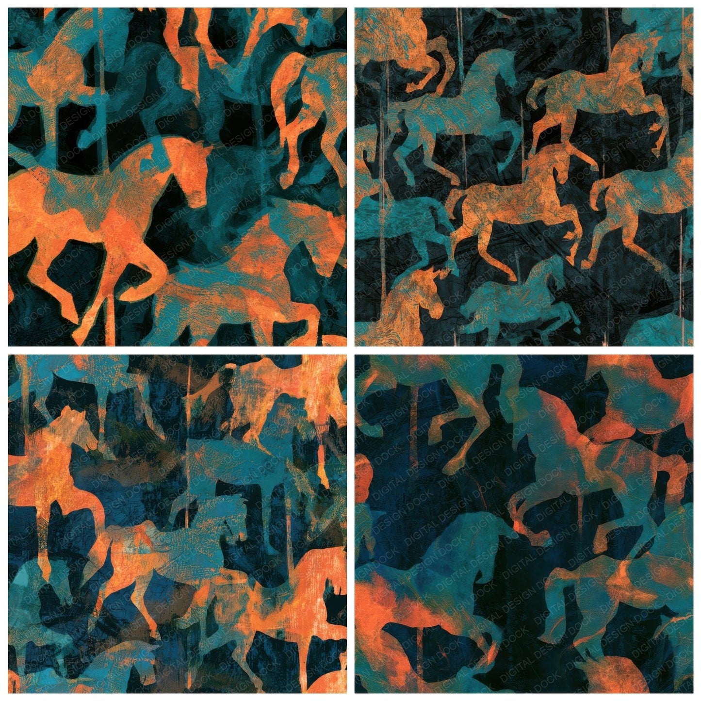 Indian Block Print Carousel Horses Tangerine Turquoise Digital Paper Pack (DDD013610)