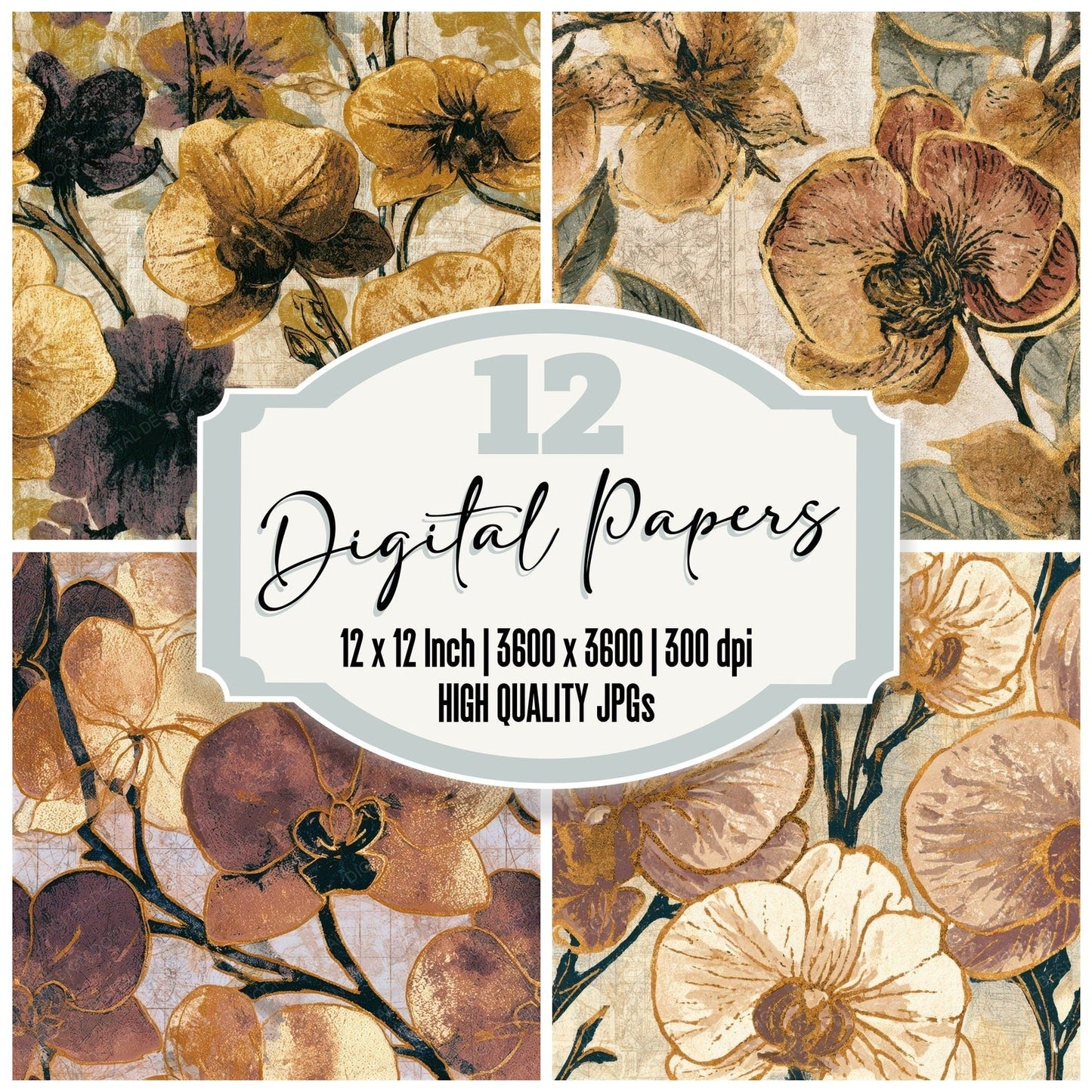 Indian Block Print Orchid Sepia Seamless Digital Paper Pack (DDD013612)