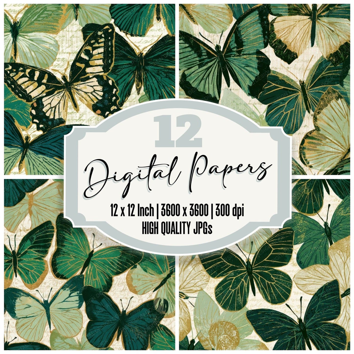 Indian Block Print Swallowtail Sage Forest Digital Paper Pack (DDD013614)