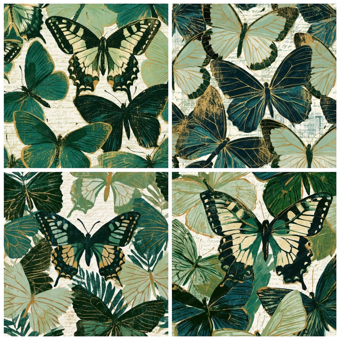 Indian Block Print Swallowtail Sage Forest Digital Paper Pack (DDD013614)
