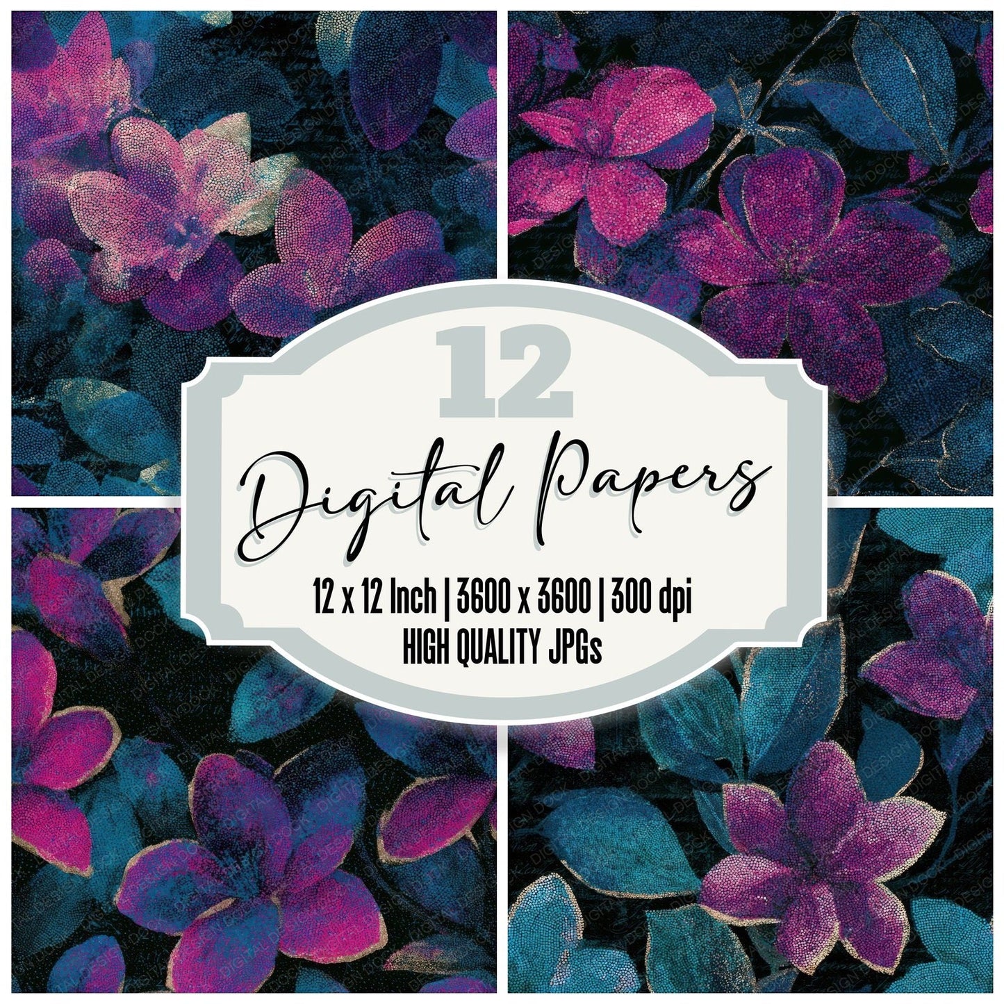 Pointillism Jasmine Electric Pink Cyan Seamless Digital Paper Pack (DDD013617)