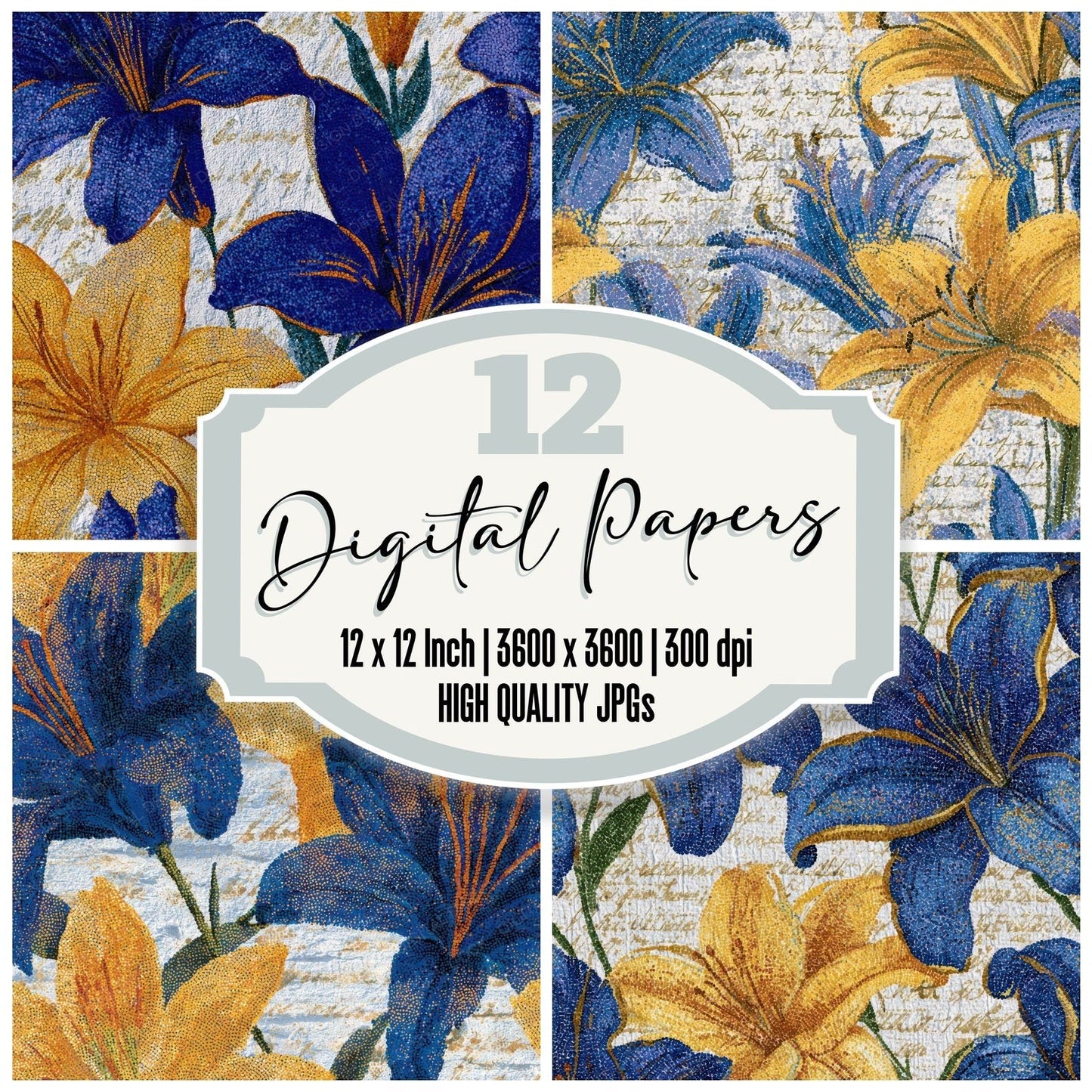 Pointillism Lilies Cobalt Yellow Digital Paper Pack (DDD013618)
