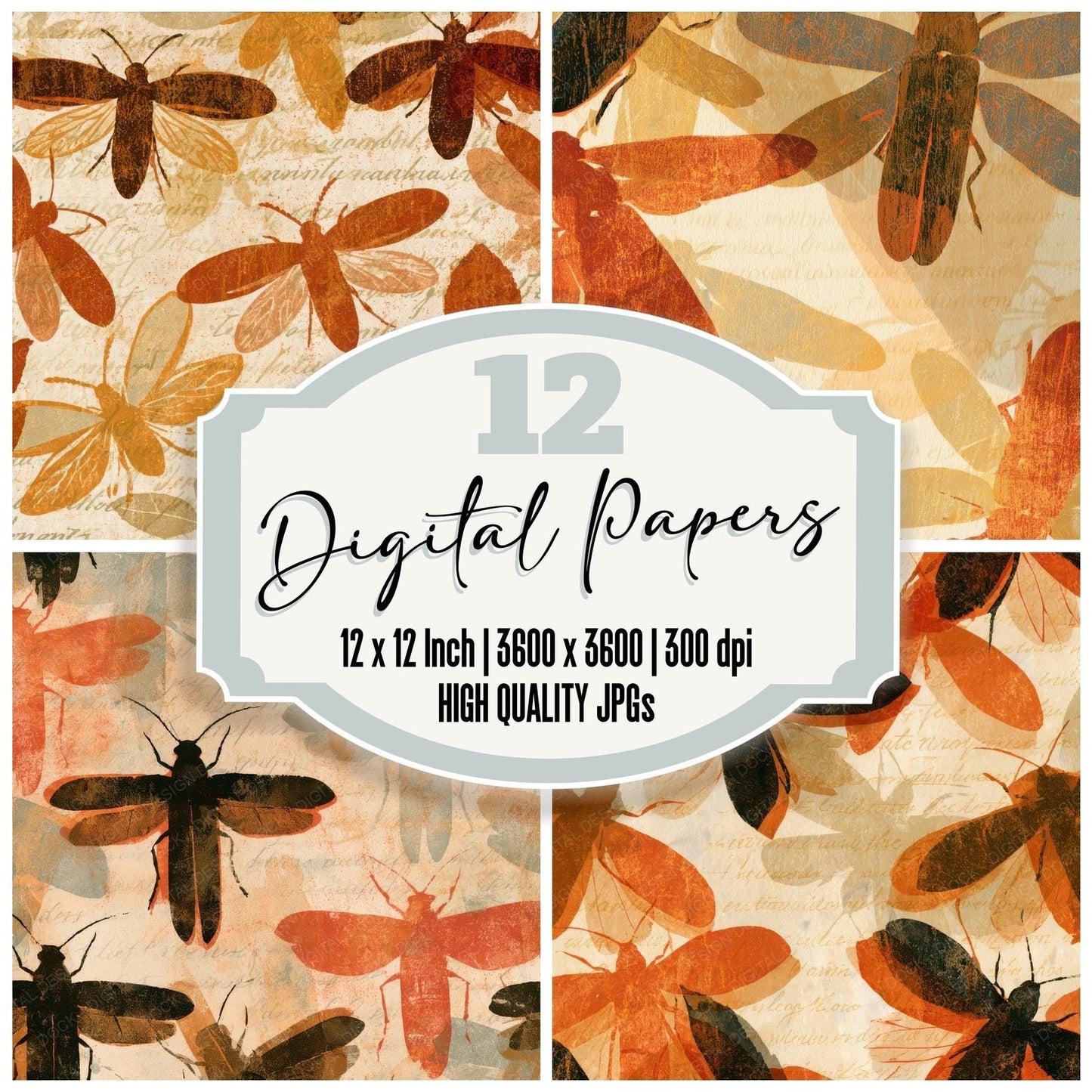 Woodblock Fireflies Umber Bone Digital Paper Pack (DDD013623)