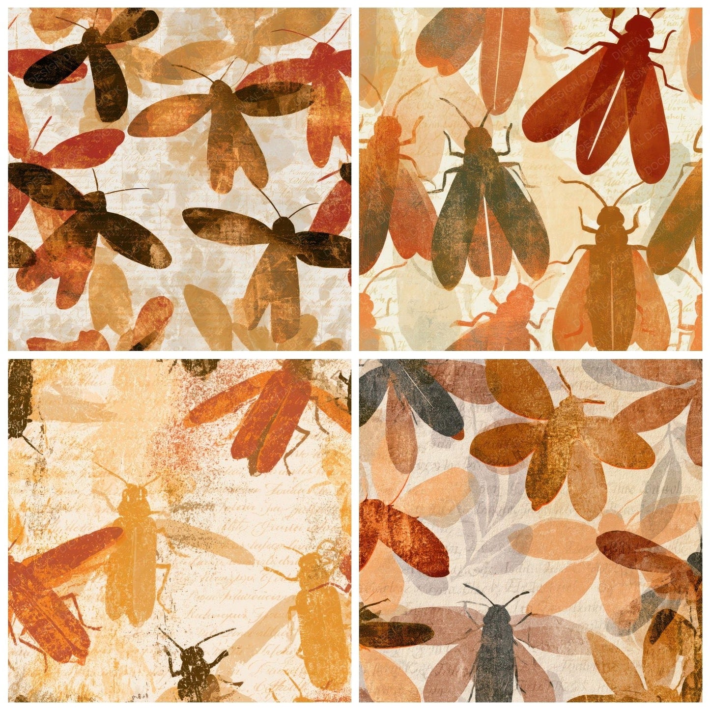 Woodblock Fireflies Umber Bone Digital Paper Pack (DDD013623)
